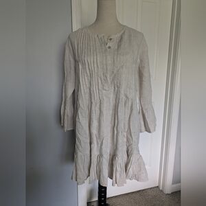 Light Beige Pintuck Linen Midi Dress